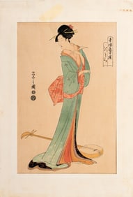 Hosoda Eishi Woman & Shamisen Woodblock Print