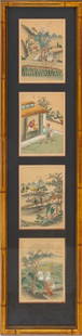 Chinese School Farming Vignettes Gouache, 4: Four Chinese School Farming Vignettes, Gouache on Silk, apparently unmarked, framed together in faux bamboo giltwood frame. Overall image: 34.75" H x 7.75" W; frame: 36" H x 9" W; each image: 6.5" H x