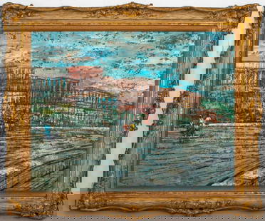 Illegibly Signed "Napoli Mergellina" Oil on Canvas: Italian School, "Napoli - Mergellina", Oil on Canvas, signed illegibly lower right, giltwood frame. Image: 21.5" H x 27.5" W; frame: 28" H x 35" W. Provenance: From a New York City Collection. Keyword