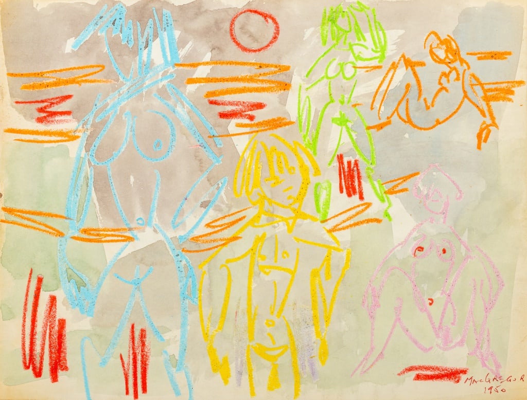 Willard MacGregor "Femmes a Poil" Mixed Media: Willard MacGregor (American, 1901-1993), "Femmes a Poil" [Naked Women], Mixed Media on Paper, 1950, crayon and watercolor, depicting abstracted nude female figures, signed and dated lower right, unfra