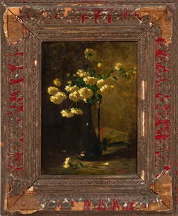 American School Still Life Bouquet Oil on Board: American School, Still Life Scene of Bouquet, Oil on Board, vase with white flowers beside a stack of books, illegibly signed "A Truini (?)" lower right, carved wood frame. Image: 18.25" H x 13.25" W;