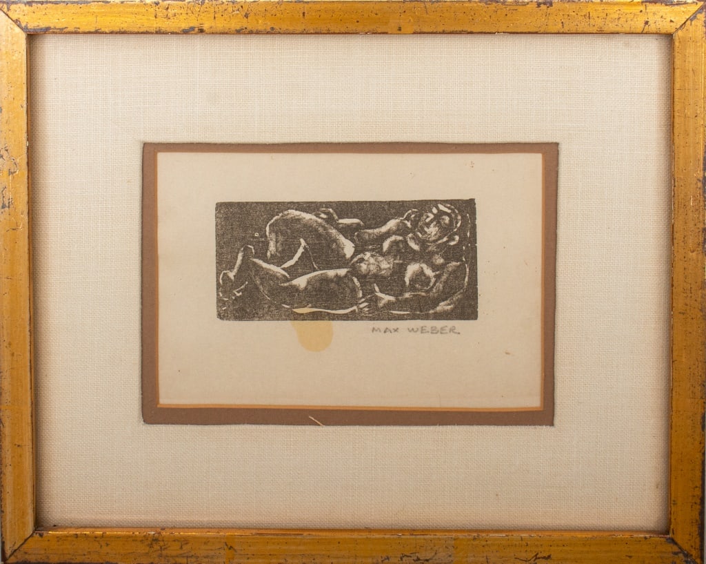 Max Weber Reclining Nude Woman Woodblock Print: Max Weber (American, born Russia, 1881-1961), Reclining Nude Woman, Woodblock Print on Paper, signed in pencil lower right, giltwood frame. Image: 3.75" H x 6" W; frame: 8.75" H x 11" W. Provenance: P