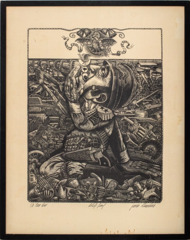 James Grashow "No More War" Woodcut: James Grashow (American, b. 1942), "No More War," Woodcut on Paper, Artist's Proof edition, signed in pencil lower right, black frame. Image: 26.5" H x 19.5" W; frame: 34.25" H x 27" W. Provenance: Fr
