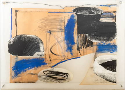 Sophie Pasqualetti Abstract Mixed Media Collage: Sophie Pasqualetti (Hungarian, b. 1955), Abstract Composition, Mixed Media Collage, 2000, paper, paint, graphite, pastel, signed in pencil, dated, and marked "Dublin" lower right, in clear acrylic fra