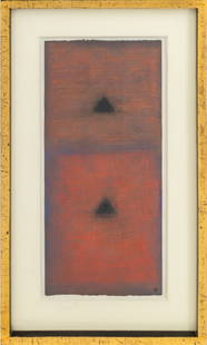 American School Abstract Composition Pastel: American School, Abstract Composition, Pastel on Toned Paper, two triangles, initialed "CW" to lower right, giltwood frame. Image: 22" H x 10.25" W; frame: 29.25" H x 17.5" W. Provenance: From the Upp