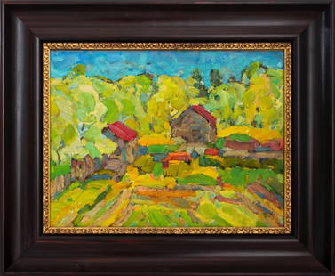 Nikolay Mokrov "Summer" Oil on Board, 1980s: Nikolay Alekseevich Mokrov (Russian, 1926-1996), "Summer", Oil on Cardboard, 1980s, International Art Fund Certificate of Authenticity to verso, wood frame. Image: 11.5" H x 15" W; frame: 17.25" H x 2