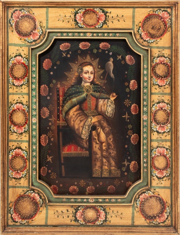 Cuzco School Style Seated Virgin Oil on Canvas: Cuzco School Style, Seated Virgin Spinning Thread, Oil on Canvas, circa 1900, apparently unsigned, hand painted and giltwood frame. Image: 22.75" H x 14.75" W; frame: 34" H x 26" W. Provenance: From a
