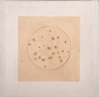 Domenick Capobianco Raised Relief Painting: Domenick Capobianco (American, b. 1928), Raised Relief Painting, Mixed Media on Board, beige acrylic over arranged string and sculpted objects, marked "Studio Domenick Capobianco" to verso. 12.75" H x