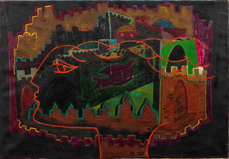 Yitzhak Saar Bird of Peace in Jerusalem Mix Media: Yitzhak Saar (Israeli, XX), Bird of Peace on the Walls of Jerusalem, Acrylic Mixed Media with Sand on Canvas, 1975, signed lower center, unframed. 24" H x 35" W. Provenance: From a New York City Colle