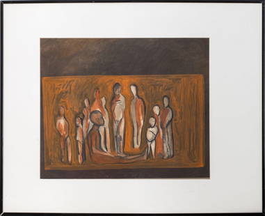 Illegibly Signed Figural Composition Mixed Media: Figural Composition, Mixed Media, depicting stylized figures over orange and brown ground, worked in pastel, charcoal, and gouache or casein, illegible signature lower right. Image: 19" H x 23" W; fra