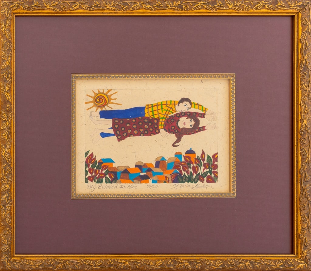 Karla Gudeon "My Beloved is Mine" Etching: Karla Gudeon (American, b. 1961), "My Beloved is Mine", Etching in Colors, titled, numbered edition "55/100", and signed in pencil beneath an image of a floating couple over a village, giltwood frame.