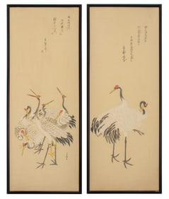 Japanese Crane Scenes Gouache on Fabric, 2