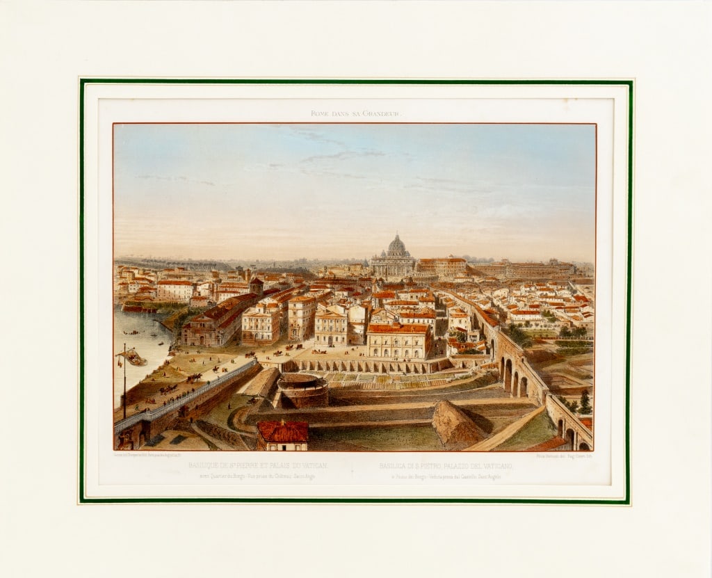 Felix Benoist "Rome Dans sa Grandeur" Lithograph: Felix Benoist (French, 1818-1896), "Rome Dans sa Grandeur", Lithograph in Colors, 1870, titled to top and marked along border with artist and "Basilique de St. Pierre et Palais du Vatican", accompanie