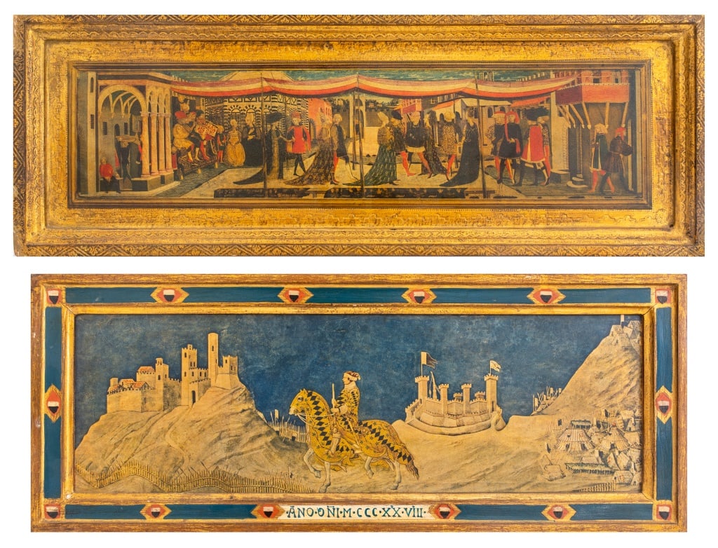 Italian Renaissance Style Print on Board, 2: Two Italian Renaissance Style Prints on Board, comprising: after "Guidoriccio da Fogliano at the Siege of Montemassi" fresco by Simone Martini (c. 1284 - 1344), and after "The Cassone Adimari" (ca 145