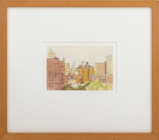 American School Cityscape Watercolor on Paper