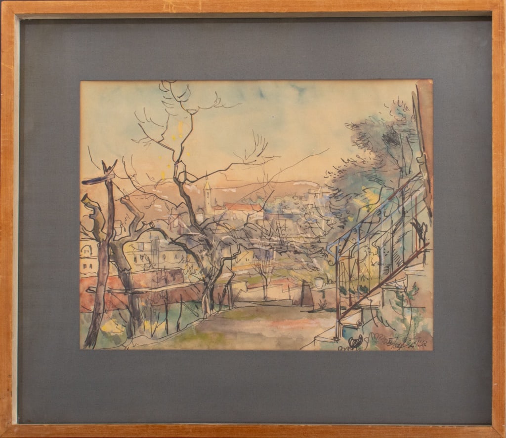 Kurt Zinger Winter Cityscape Watercolor, 1954: Kurt Zinger (Israeli, 1905-1989), Winter Cityscape Scene, Watercolor and Ink on Paper, signed in Hebrew lower right with "XII / 54.", with a blue artists' mat and wood frame. Image: 15.5" H x 20.5" W;