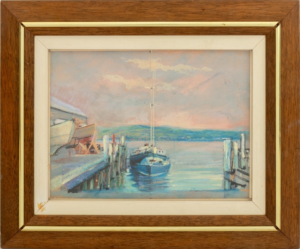 John Elliot "Evening on the Hudson" Oil Pastel: John Elliot (American, b. 1929), "Evening on the Hudson", Oil Pastel on Toned Paper, signed and titled to verso, with Salmagundi Club Auction label to verso, wood frame. Image: 8.5" H x 11.5" W; frame