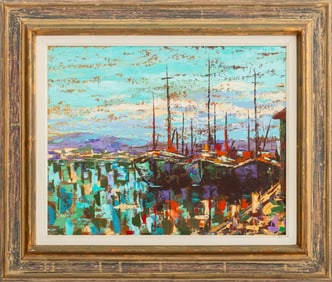 Yani Abstract Abstract Boats Scene Oil on Masonite