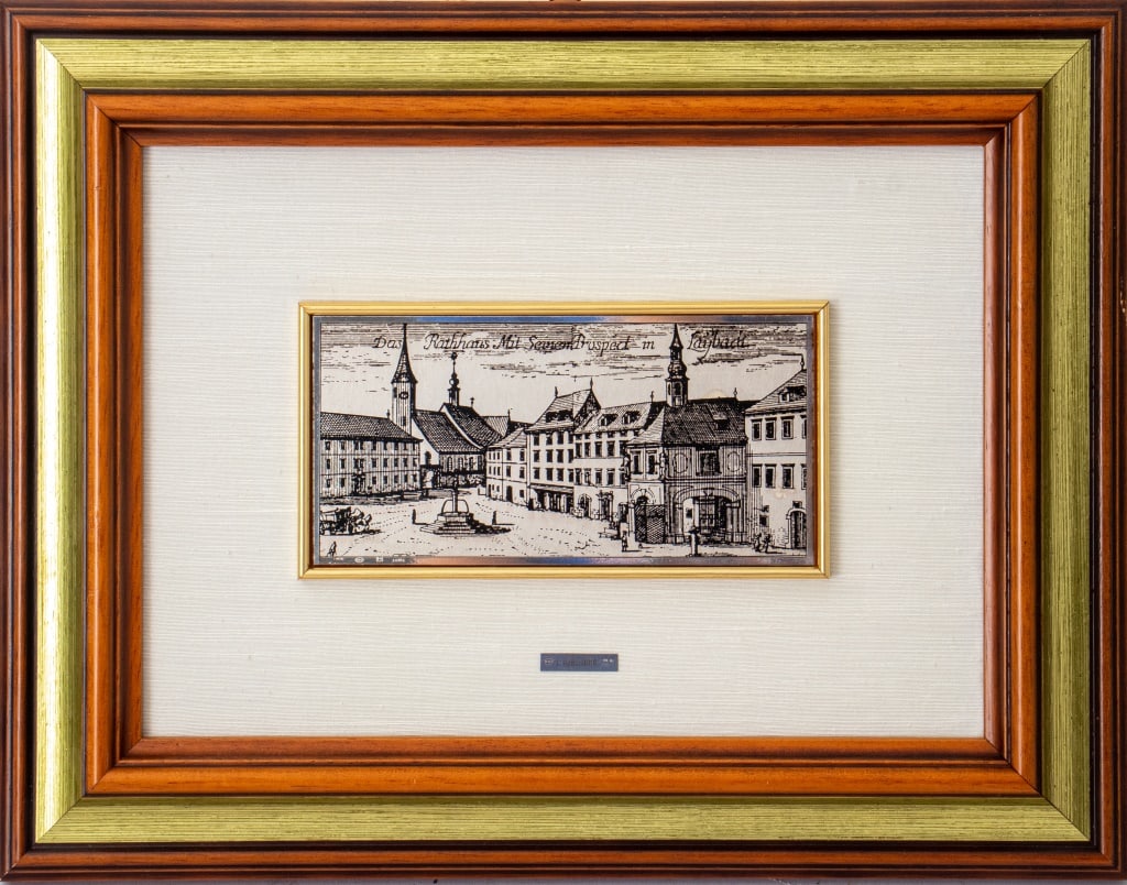 Slovenian Silver View of Ljubljana, 1990s: Slovenian 800 Silver View of Ljubljana Panel, lithographed with an 18th century image of Lubeck (Ljubljana), the lower left struck with marks of Slovenia, 800, "R" and "7 / 10g" within a gold-tone fil