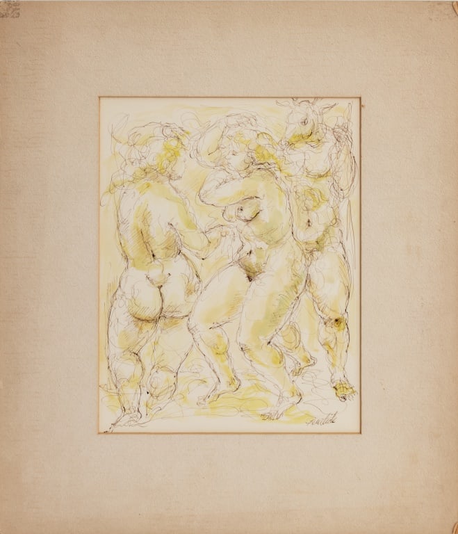 Charles Burdick 2 Women and Creature Mixed Media: Charles Burdick (American, 1924-2016), Two Nude Women and Donkey-Headed Creature, Mixed Media on Paper, ink and marker, signed lower right, in matting, unframed. Image: 9.5" H x 7.5" W; mat: 15" H x 1