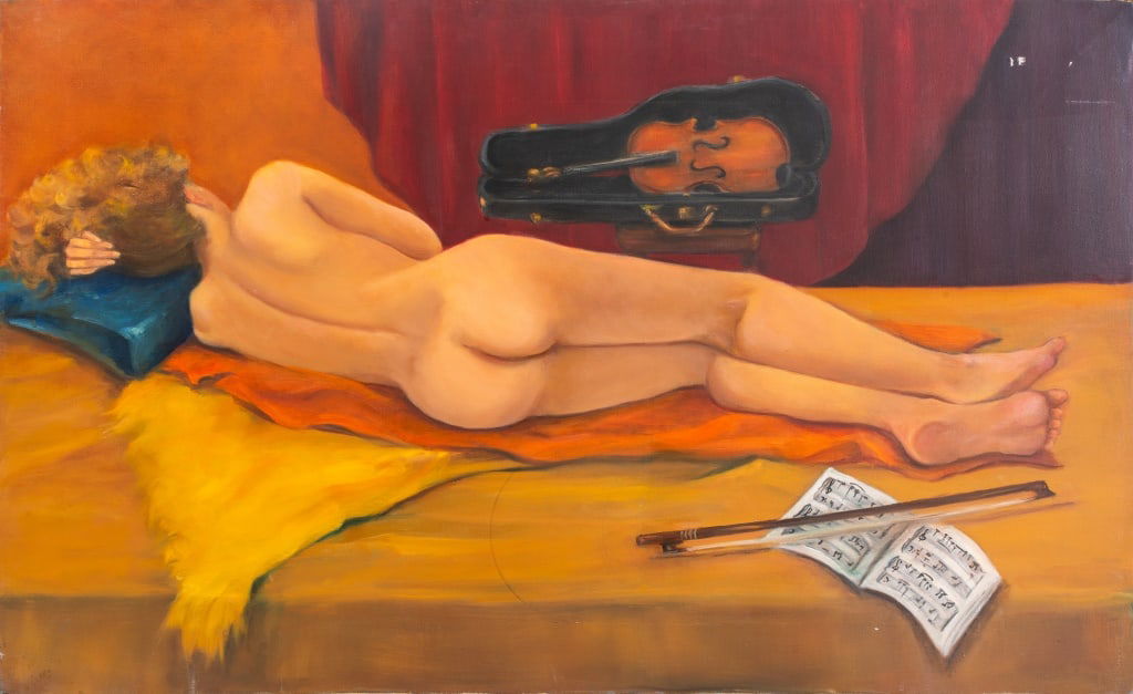 Penny Purpura Reclining Nude Oil on Canvas: Penny Purpura (American, XX-XXI), Reclining Nude Woman, Oil on Canvas depicting a lying nude female figure with violin and partition, apparently unsigned, unframed. 22" H x 36" W. Provenance: From the