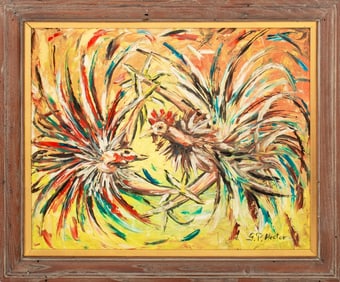 S.P. Hector Fighting Roosters Oil on Board