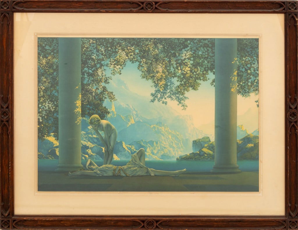Maxfield Parrish "Daybreak" Print, 1920s: Maxfield Parrish (American, 1870-1966), "Daybreak", Print in Colors, 1920s, signed in plate lower right, carved wood frame. Image: 18" H x 26" W; frame: 26.75" H x 34.75" W. Provenance: From a New Yor