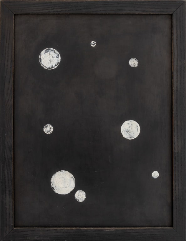 David Goerk "Diamond w/ Dots" Oil on Board: David Goerk (American, 1952), "Diamond w/ Dots", Oil on Board, 1990, initialed, titled, and dated to reverse, ebonized wood frame. Image: 11.5" H x 8.75" W; frame: 13" H x 10.75" W. Provenance: From a