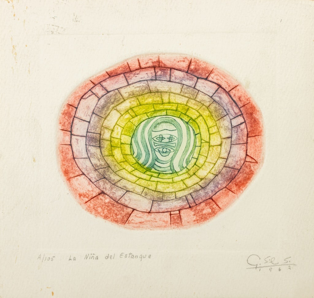 Guillermo Silva "La Nina del Estanque" Etching: Guillermo Silva Santamaria (Colombian, 1921-2007), "La Nina del Estanque" [The Pond Girl], Etching in Colors, 1962, signed in pencil and dated lower left, titled and numbered edition "A/105" lower lef