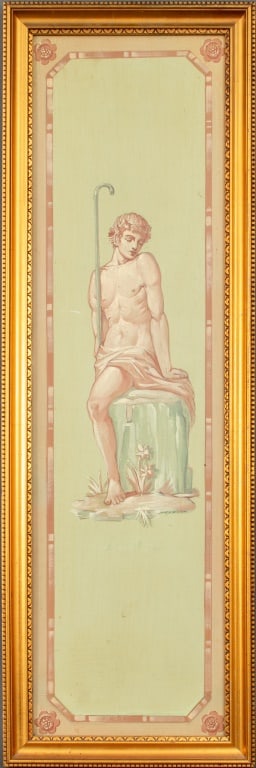 Cosmo DiSalvo Neoclassical Male Oil on Masonite: Cosmo DiSalvo (American, 1893-1991), Neoclassical Male Figure, Oil on Masonite, depicting nude man with drape and shepherds crook, signed below figure, marked "From / Barron Studios / Painting by Cosm