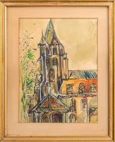 Mary Jo Schwalbach Church Scene Gouache on Paper