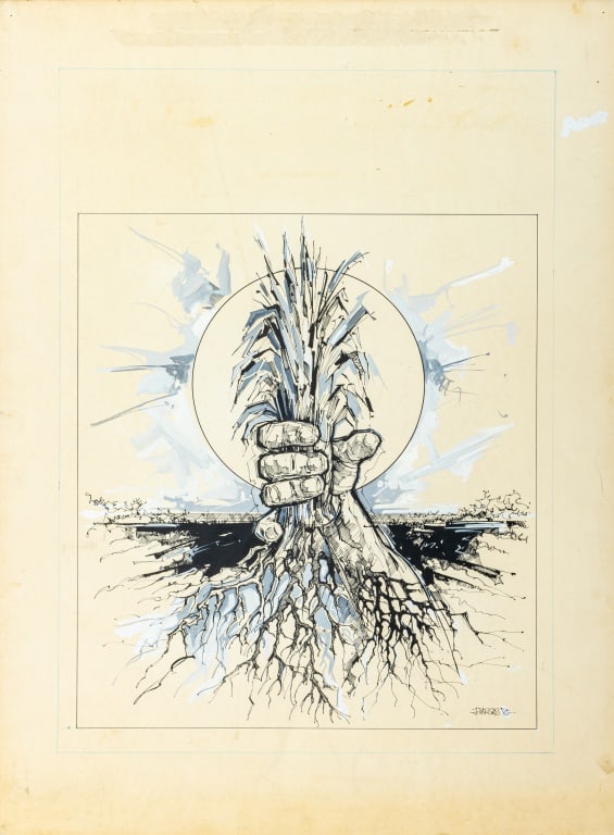 J. Vargas Social Realism Composition Ink & Gouache: J. Vargas (XX), Social Realism Composition, Ink and Gouache, 1980, depicting hand growing from roots in the earth, grasping sprouting plants, signed and dated lower right, unframed. Image: 16.5" H x 1