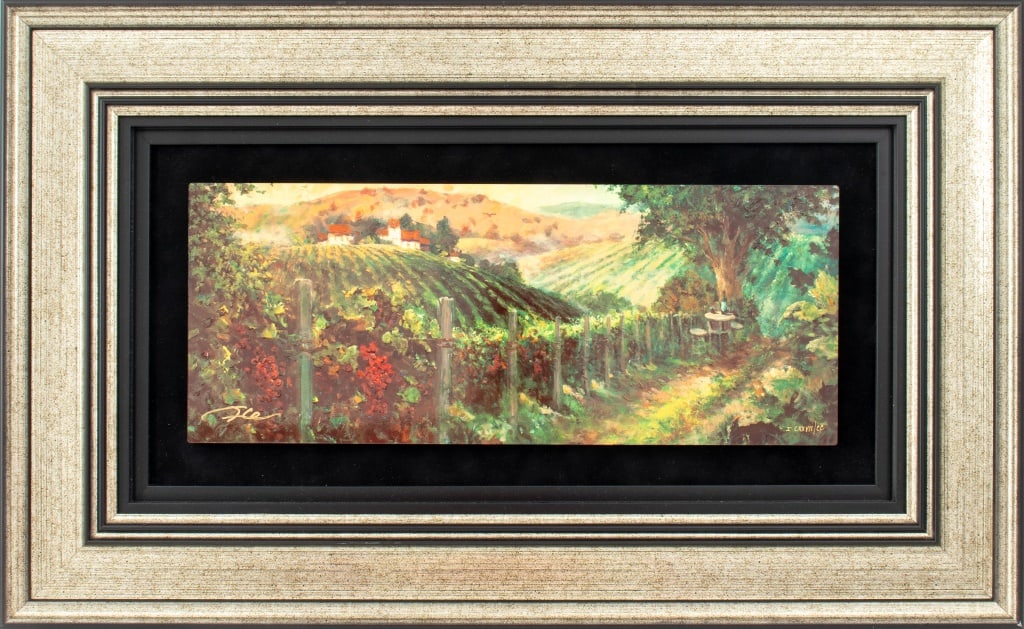 James Coleman "A Great Year" Embellished Giclee: James Coleman (American, b. 1949), "A Great Year" Hand-Embellished Giclee in Colors, varnished and mounted on board, depicting picnic table in a vineyard, signed lower left, numbered edition "I CXXVII