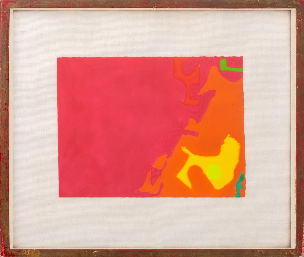 Patrick Heron "Mini February III: 1974" Gouache: Patrick Heron (British, 1920-1999), "Mini February III: 1974", Gouache on Paper, 1974, signed, titled, and with Waddington Galleries Ltd. label verso, painted wood frame. Image: 7" H x 9.25" W; frame: