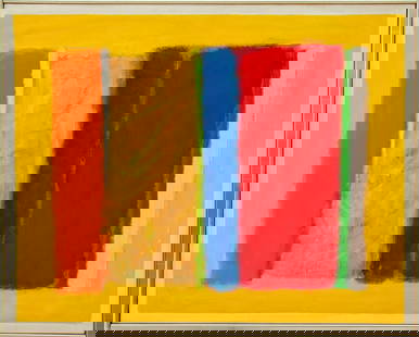 John Opper "Color Series #32" Acrylic on Canvas: John Opper (American, 1908-1994), "Color Series 32", Acrylic on Canvas, 1972-73, signed, titled, and dated to verso, with Grace Borgenicht Gallery label verso, wood frame. Image: Image: 24" H x 30" W;