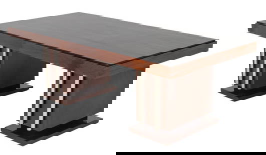 Andre Arbus Mahogany Pedestal Dining Table, 1934: Andre Arbus Mahogany Double Pedestal Dining Table, 1934, the rectangular mahogany black glass top above base with chrome accents. 29.5" H x 86.5" W x 43.25" D. Provenance: Galerie Makassar - France, P
