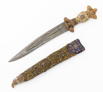 Indian Mughal 22K Gold Gem-Set Jade Dagger: Indian Mughal 22K Yellow Gold Gem-Set Jade Dagger (Khanjar), pale greenish white nephrite jade hilt and matching chape point, each mounted with exuberant floral pattern in yellow gold inset with ruby,