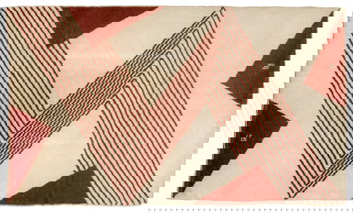 Ivan Da Silva Bruhns Art Deco Rug, 9' 2" x 5' 4": Ivan da Silva Bruhns (French, 1881-1980) Art Deco Geometric Stripe Hand-Knotted Wool Rug, circa 1930, maroon patterns on cream ground, with artist signature mark to top and bottom. 9' 2" L x 5' 4" W.