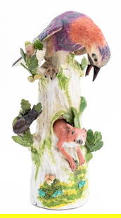 Meissen Porcelain of Jay & Squirrel, ca. 1740: Meissen Painted Porcelain Model of Jay and Squirrel, circa 1740, modeled by Johann Joachim Kaendler, the bird perched astride an oak tree stump, a red squirrel to one side. 15.5" H x 8.75" W x 11" D.