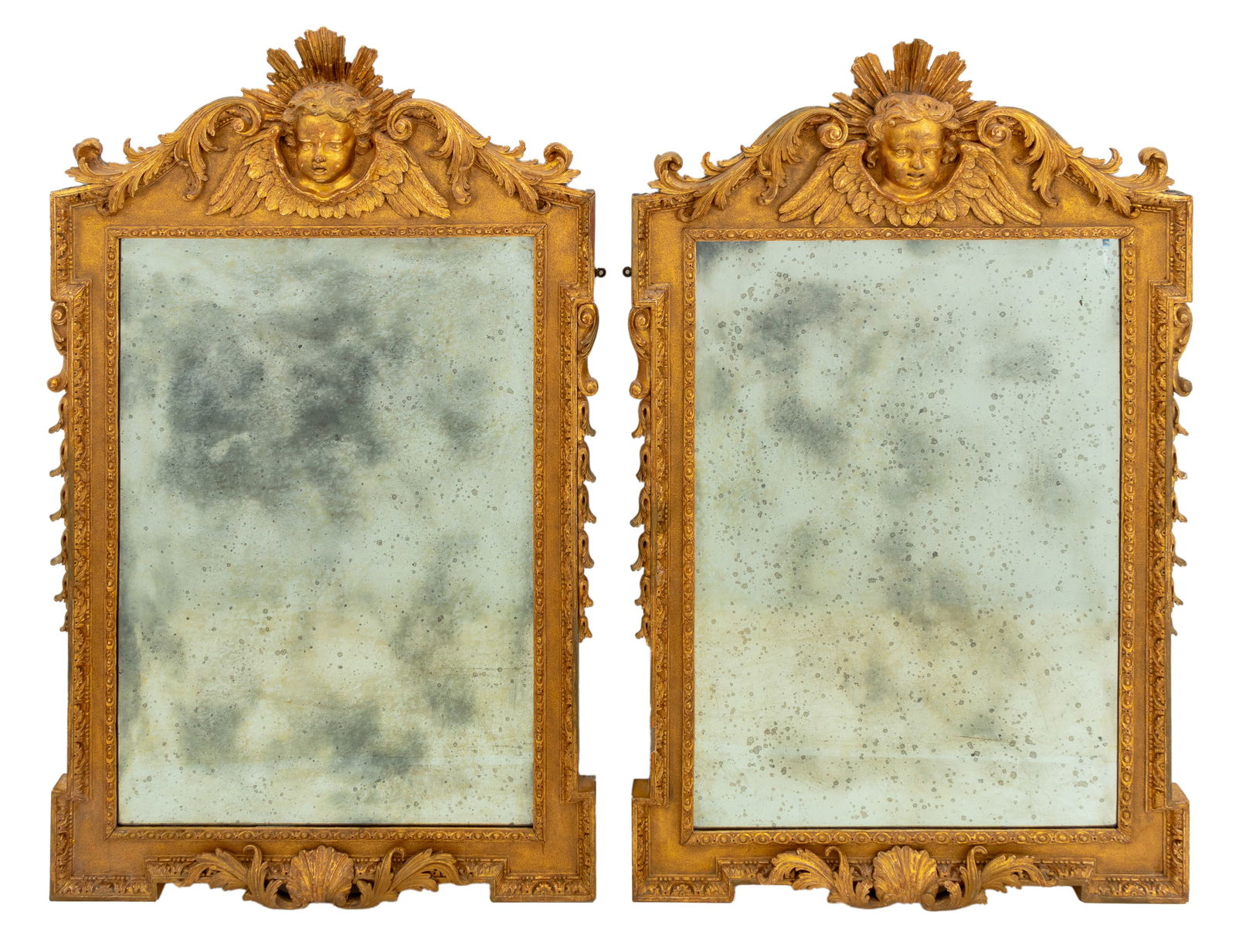 George II Giltwood Pier Mirrors, Pair: Pair of George II Giltwood Pier Mirrors, circa 1740, in the manner of William Kent, each of architectural form, the beveled rectangular plates within a sanded frame, molded borders, and foliate carved