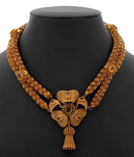 Georgian 18K Gold Citrine Open Work Mesh Necklace: Georgian Period 18K Yellow Gold Citrine Open Work Mesh Necklace, featuring 11 oval faceted citrines set in cannetille filigree stations, weighing a total of approx. 10.50 carats, designed as Tudor Ros