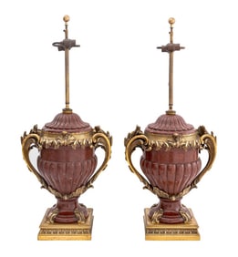 Maison Boudet Gilt Bronze Rouge Marble Urn Lamps
