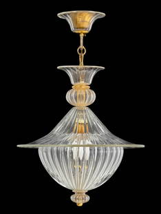 Barovier & Toso Gold-Flecked Glass Chandelier: Barovier and Toso Gold-Flecked Glass Chandelier. 29" H x 17" Diameter. Provenance: From the Park Avenue Estate of Designer Neal Small. Keywords: Lighting, Art Glass, Murano, Venetian, Italian, Blown g