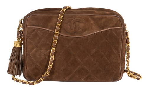 Chanel Matelasse Chocolate Suede Shoulder Bag: Chanel Matelasse Chocolate Suede Shoulder Bag, with gold-tone hardware, silk lining, chain shoulder strap, suede tassel, and front slip pocket, top zipper opening to single zipper pocket, marked "Chan