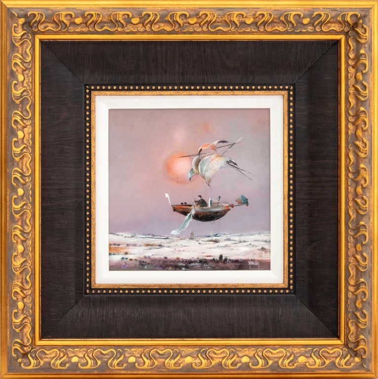 Bernard Louedin "Le Vol du Violeux" Oil on Panel: Bernard Louedin (French, b. 1938), "Le Vol du Violeux" [The Violent Flight], Oil on Panel, signed lower right, giltwood frame. Image: 9.5" H x 9.5" W; frame: 22.5" H x 22.25" W. Provenance: From a New