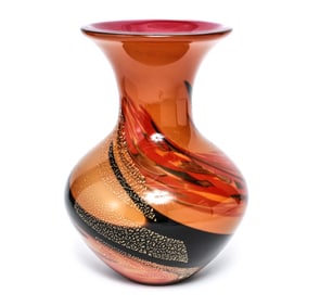 Murano Gold-Flecked Orange & Black Art Glass Vase