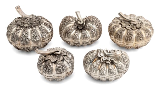 Cambodian 900 Silver Pumpkin Form Betel Boxes, 5