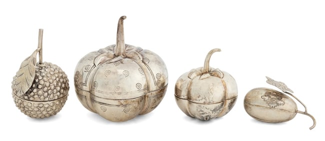 Cambodian 900 Silver Fruit Form Betel Nut Boxes, 4