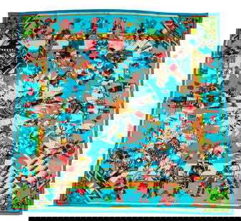 Hermes "Kachinas" Silk Scarf: Hermes "Kachinas" Pattern Silk Scarf, on turquoise blue ground, marked "Hermes - Paris" lower left, with "Made in France / 100% Silk" label to upper left corner and original orange Hermes box. 34.5" L