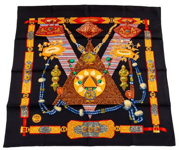 Hermes "Tibet" Silk Scarf: Hermes "Tibet" Pattern Silk Scarf, black ground marked "Hermes / Paris" lower right, with "Made in France / Soie 100% Silk" label to upper left corner. 35" L x 34" W. Provenance: From a 50 Central Par